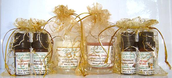  The three wise men Gold organza gift bags,
 with Frankincense and Myrrh, Cinnamon and Orange, essential oils and candles. 